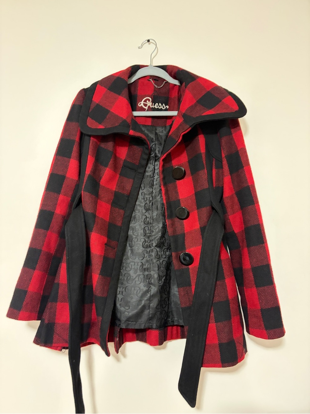 Vintage Guess Red and Black Plaid Peacoat Jacket